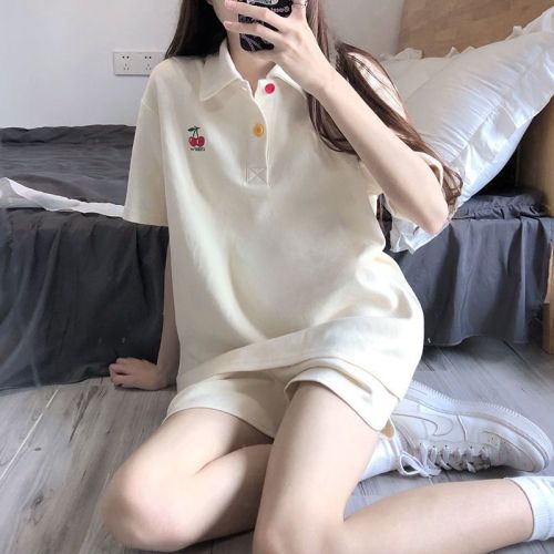 250g waffle two-piece female 2023 summer new heavy industry embroidery student Korean version loose suit