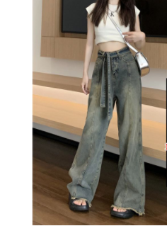 Small retro strappy raw edge mopping jeans women's spring and summer new straight slim loose wide-leg trousers trendy