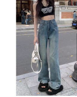 Small washed retro high-waisted jeans with a summer design feeling niche and slim, all-match wide-leg mopping pants trendy