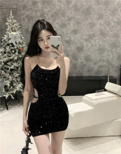 Real shot real price hollow out waist hot girl halter neck sequin wrap hip dress