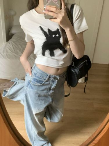 Real price cute cat short round neck T-shirt