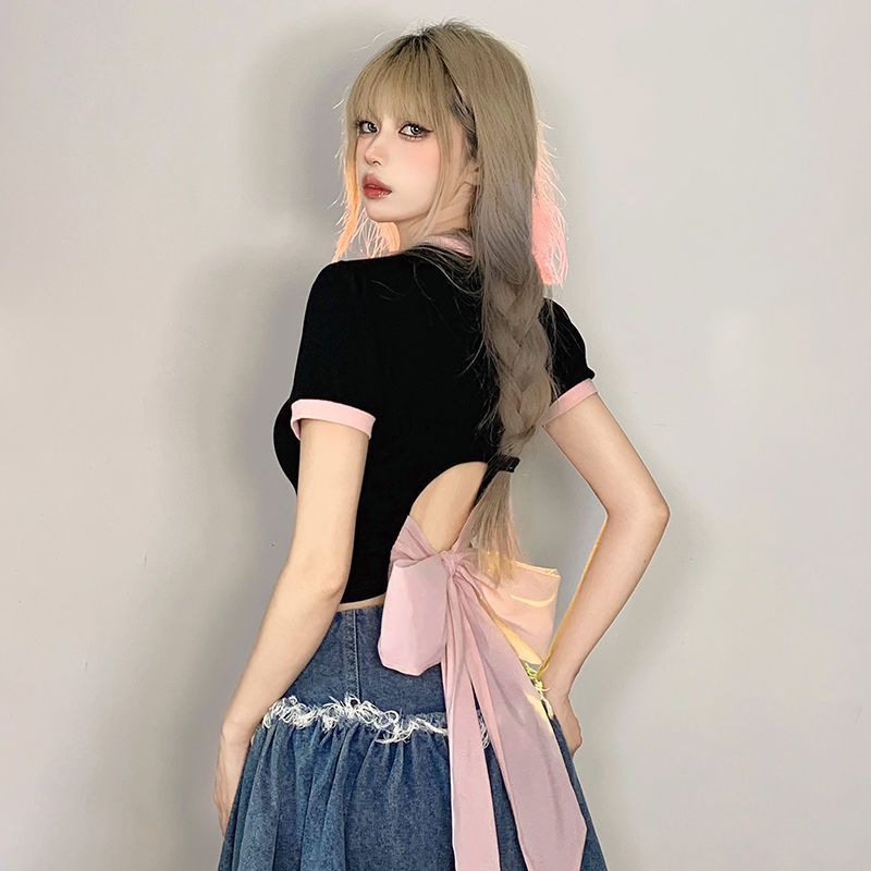 American retro personalized print lapel short-sleeved dress niche ins chic hollow slimming dress