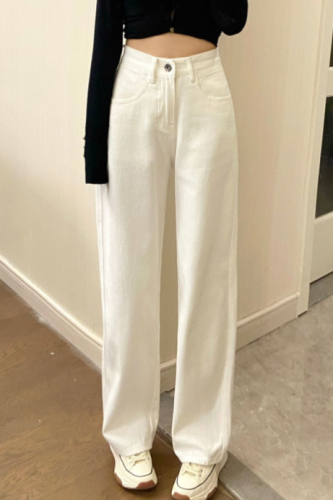 Small white high waist straight jeans women's spring Korean version loose and thin all-match drape wide-leg trousers trendy