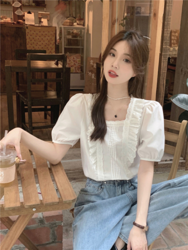 Real price!  Korean gentle wind lace square collar short-sleeved shirt top women's French loose white shirt