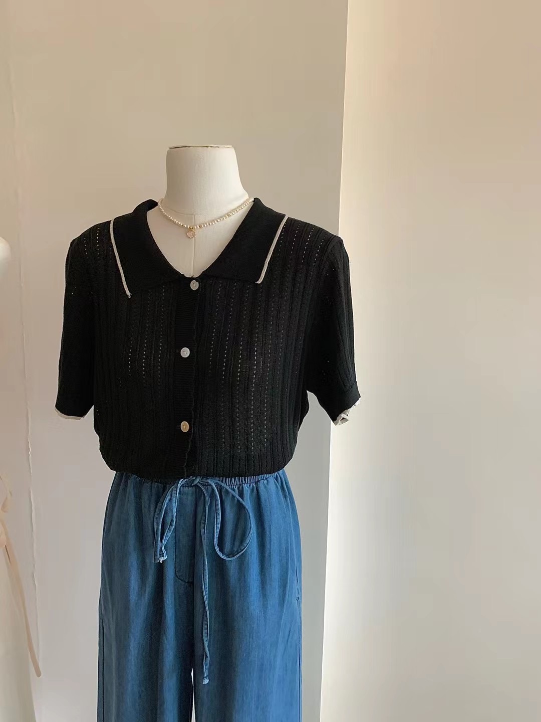 Real shot~ Hollow knitted short-sleeved T-shirt 2023 summer thin section unique chic all-match slim top cardigan