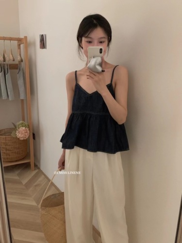 IMISS Korean version of the French retro denim sling small shirt women's summer 2023 new Hong Kong style thin top