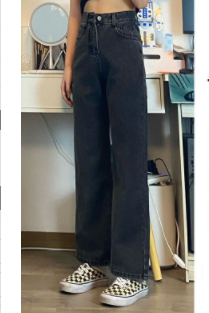 Small black gray wide-legged high-waisted jeans women's autumn retro straight loose loose slim all-match long trousers trendy