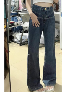 Retro chic high-waisted denim jeans for women's small stature autumn design feeling straight and thin loose wide-leg pants trendy