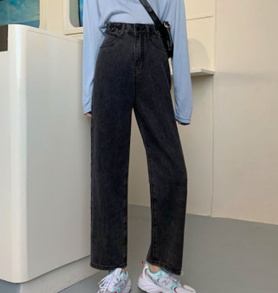 Small spring and autumn Korean version of high-waist straight jeans female students loose all-match old wide-leg pants trousers summer