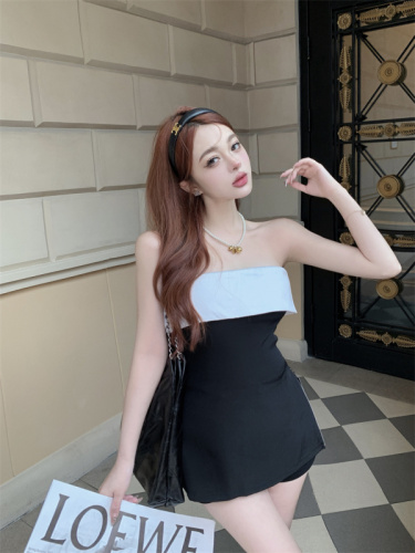 Real price real shot High-grade contrast color small fragrance wind tube top top women's summer sweet and spicy fashionable top sling