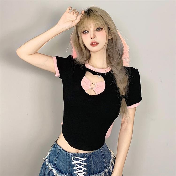 Pure desire style Korean girl short-sleeved T-shirt female sweet and spicy careful machine bow backless hollow powder hit color top