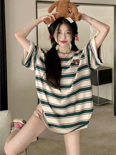 Cotton summer loose top new short-sleeved t-shirt women's stripe embroidery