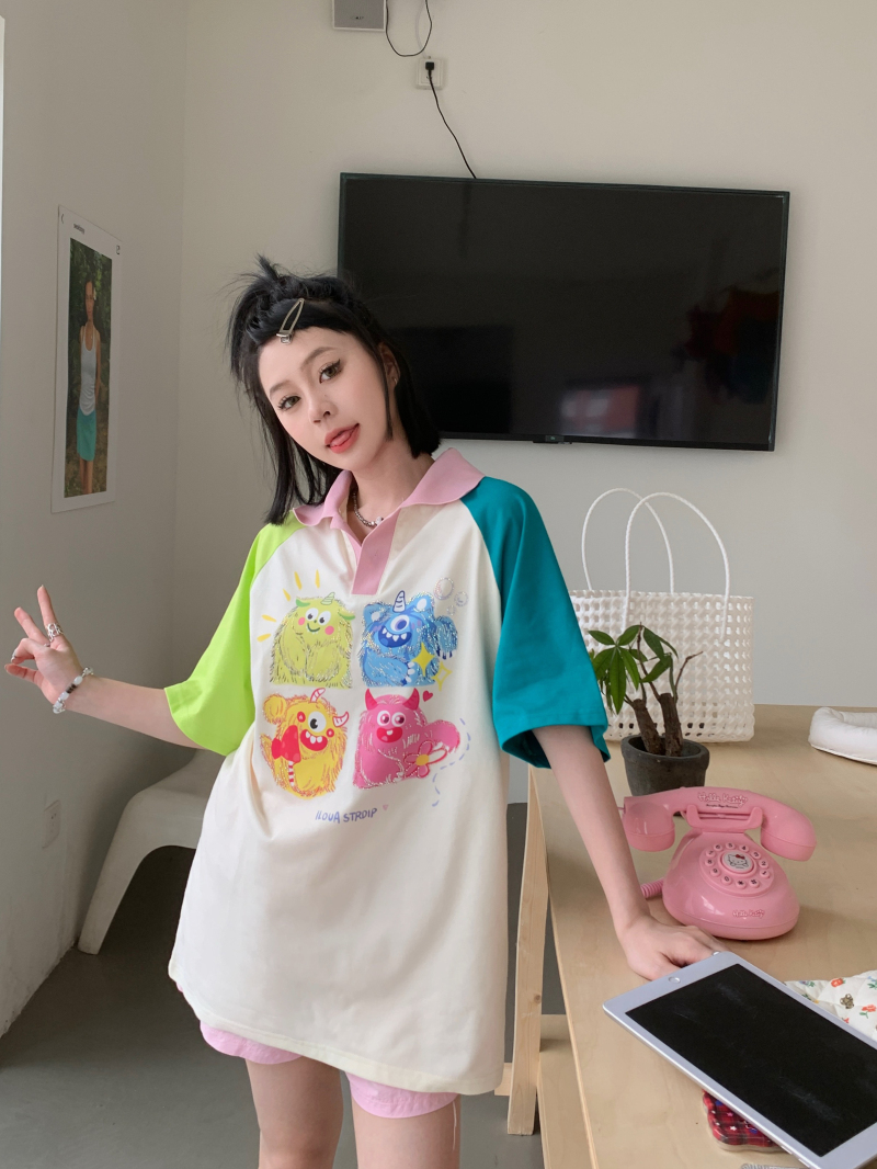 Official picture 200g pure cotton back bag combed tight POLO collar short-sleeved T-shirt women's contrast color loose summer top