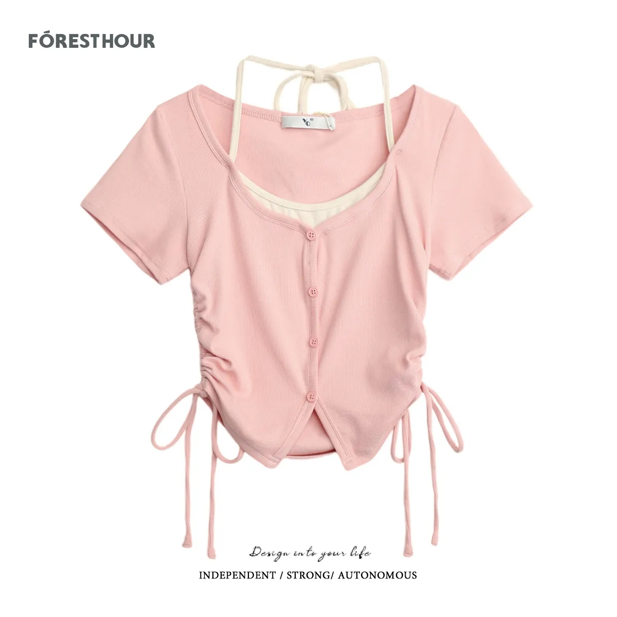 Picking up wild forest summer new bm style pure desire short fake two pieces drawstring hanging neck V-neck short-sleeved T-shirt women's top tide