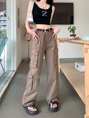 Real shot retro American style pink casual pants female summer hot girl straight loose wide leg pants trousers overalls pants