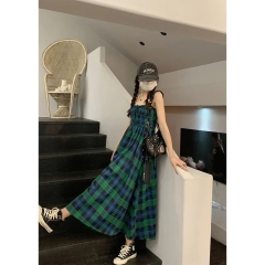 Summer new French style retro plaid suspender skirt dress design holiday strapless backless waist niche long skirt