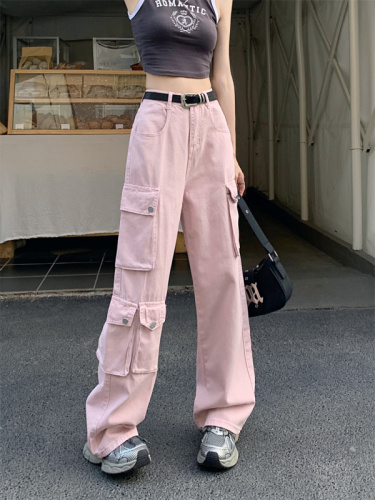 Real shot retro American style pink casual pants female summer hot girl straight loose wide leg pants trousers overalls pants