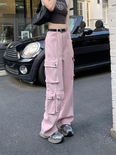 Real shot retro American style pink casual pants female summer hot girl straight loose wide leg pants trousers overalls pants