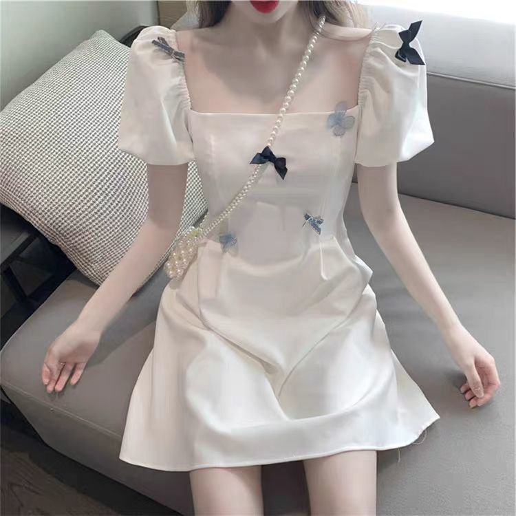 French-style salty and sweet fried street dress female 2023 summer new platycodon first love puff sleeve square collar short skirt
