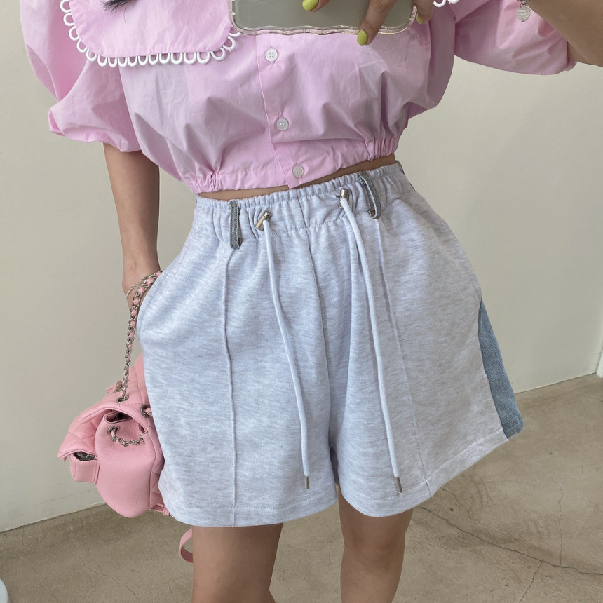 Elasticated waist tie paneled color contrast wide-leg denim shorts