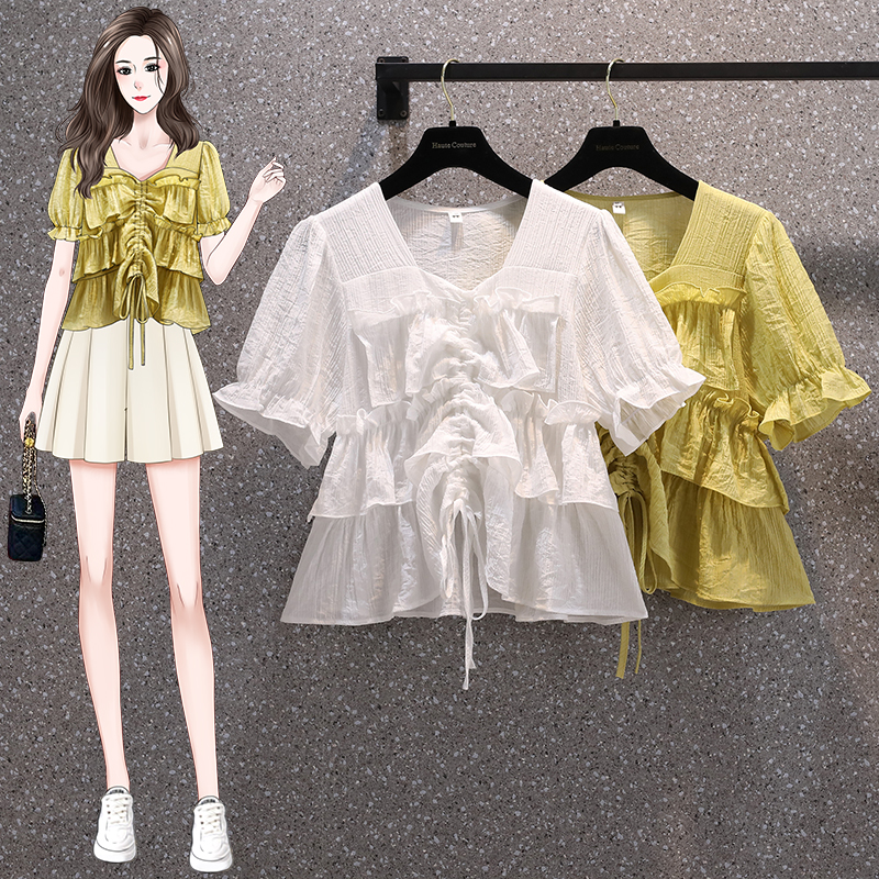 Real shot of summer clothes for fat sisters, large size, high-quality ruffled drawstring, soft and beautiful short-sleeved shirt M-4XL200 catties