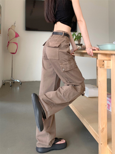 Real shot retro American style pink casual pants female summer hot girl straight loose wide leg pants trousers overalls pants