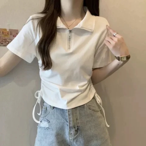 Short-sleeved front shoulder t-shirt women's POLO collar zipper unique chic short drawstring top