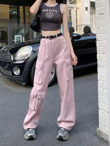 Real shot retro American style pink casual pants female summer hot girl straight loose wide leg pants trousers overalls pants