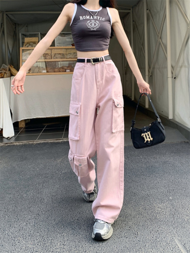 Real shot retro American style pink casual pants female summer hot girl straight loose wide leg pants trousers overalls pants