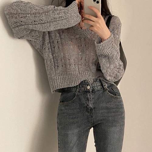 Real price Korean retro loose hollow thin knitted sunscreen long-sleeved ice silk blouse top for women