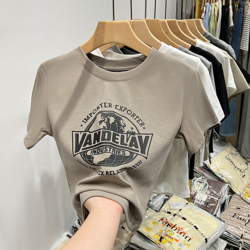 Real price summer letter printing cotton t-shirt women's short-sleeved design sense shoulders round neck short American-style top