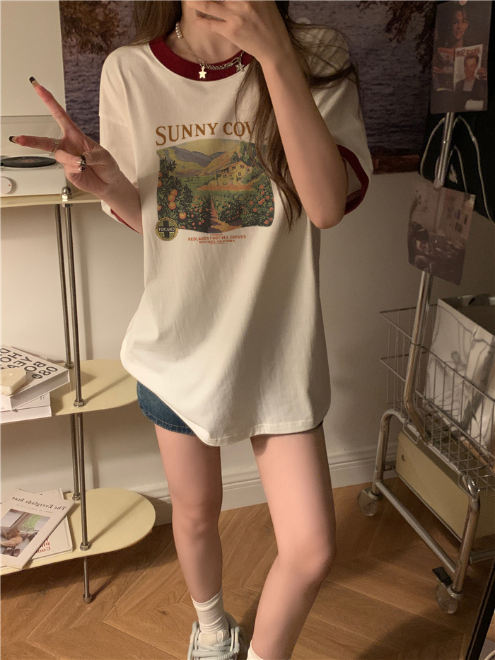 Real shot pure cotton summer new color round neck printed short-sleeved t-shirt women's tide