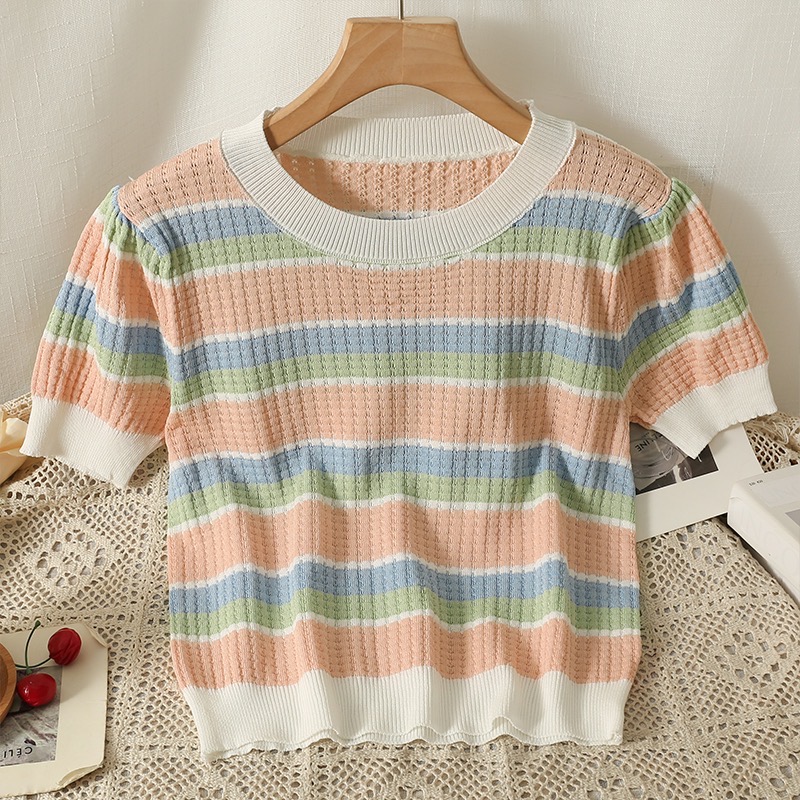 Korean style gentle striped knitted short-sleeved T-shirt women's 2023 summer new round neck color contrast design short top