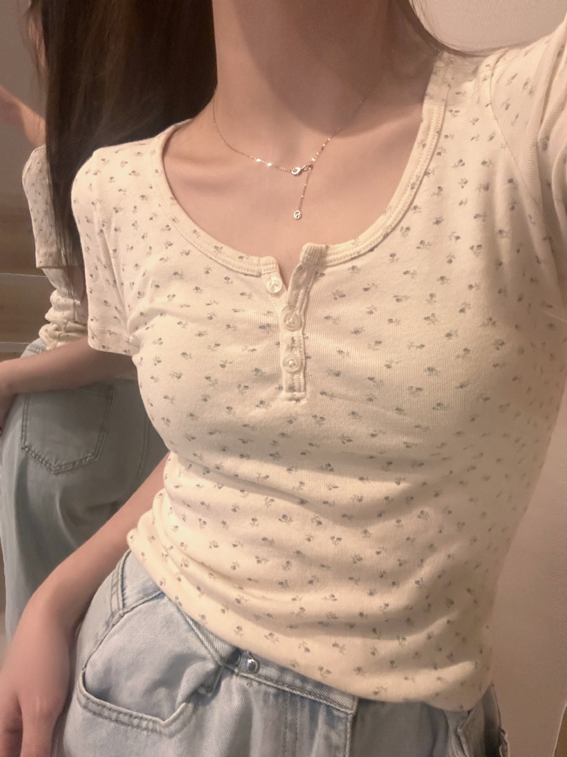 High bomb pit strip Floral short-sleeved front shoulder short top women's summer self-cultivation design sense niche all-match t-shirt