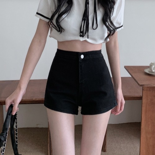 Hot girl denim shorts female ins summer 2023 new high waist thin black pants tight elastic bag hip hot pants