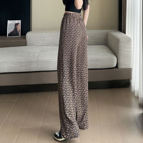 Real shot of new casual pants women's plaid design loose high waist slim straight wide leg pants simple trousers
