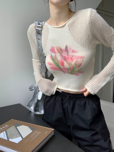 Retro Hollow Tulip Long-sleeved Knitwear Female Spice Girl Mesh High Waist Navel Expose Sunscreen Short Top