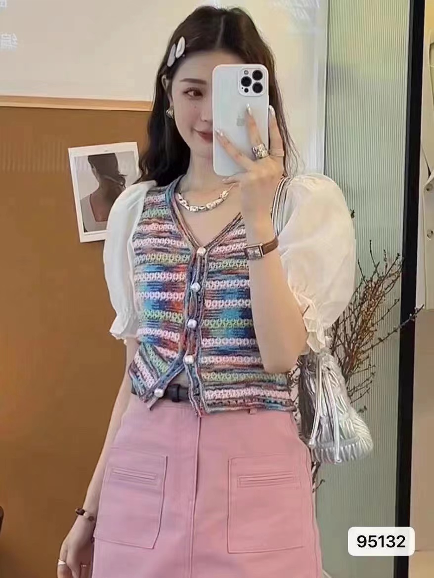 2023 summer new Korean style fashion temperament sweet rainbow striped chiffon short-sleeved cardigan top women