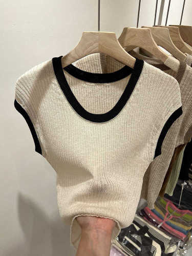Ice silk color contrast short-sleeved T-shirt round neck knitted top women's 2023 summer new t-shirt slim bottoming shirt