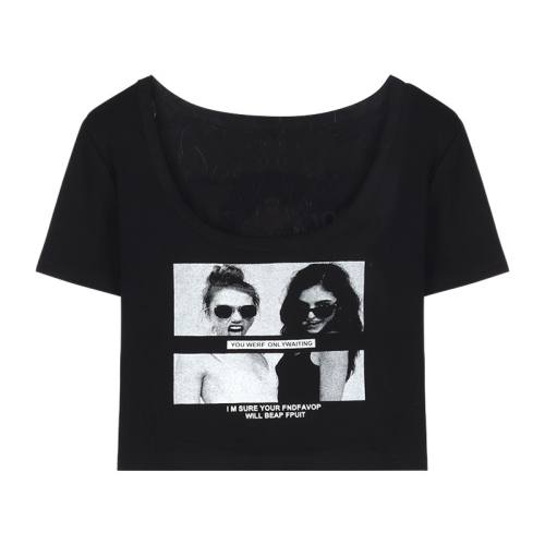 6535 pull frame cotton with shoulder pads American retro short-sleeved shoulder T-shirt summer hot girl black