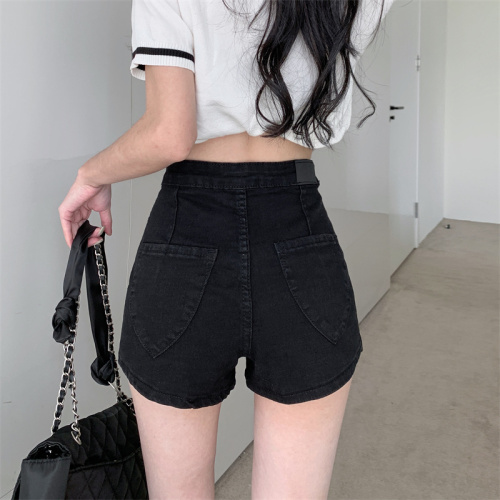 Hot girl denim shorts female ins summer  new high waist thin black pants tight elastic bag hip hot pants