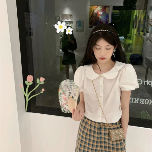 Summer New Petal Collar Puff Sleeve White Shirt + Chocolate Check Small Flying Sleeve Strap Skirt Two-Piece Suit Female