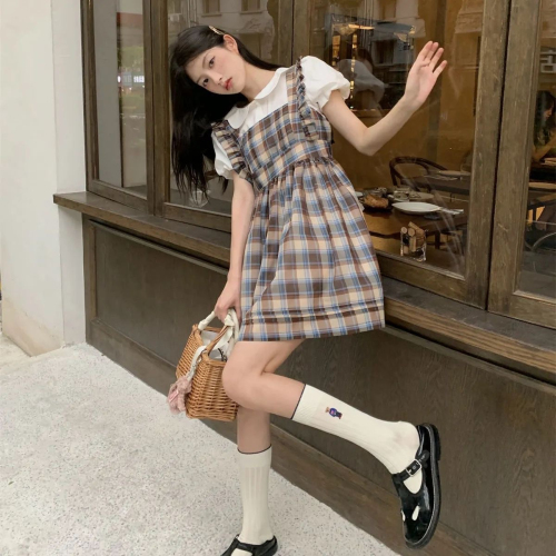 Summer New Petal Collar Puff Sleeve White Shirt + Chocolate Check Small Flying Sleeve Strap Skirt Two-Piece Suit Female