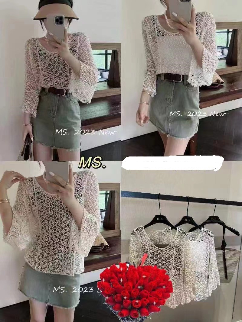 Smock thin section 2023 summer new women's knitted sweater top hollowed out very fairy trumpet sleeve loose foreign style small shirt