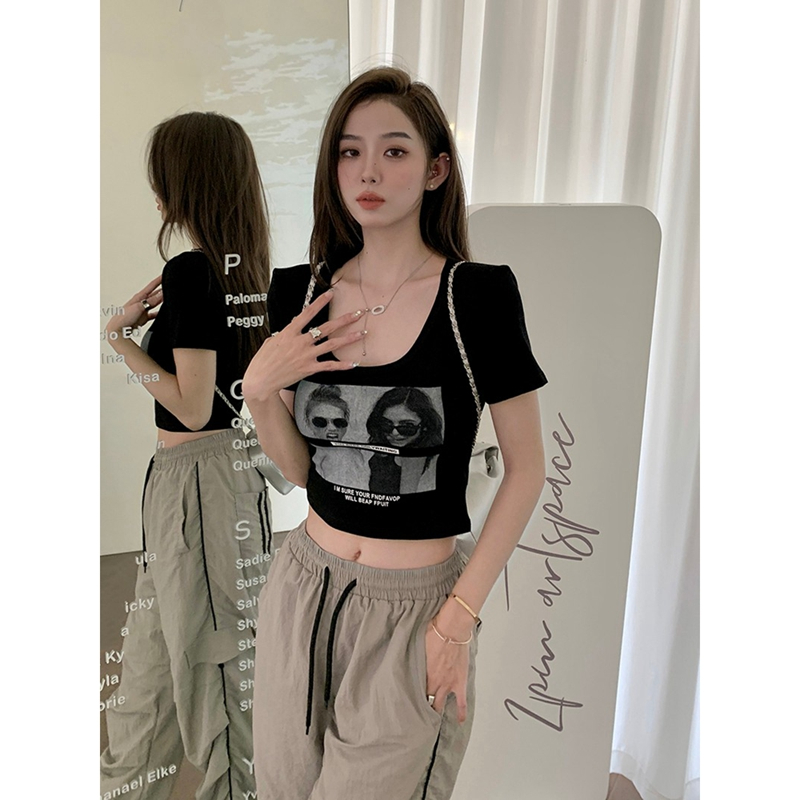 6535 pull frame cotton with shoulder pads American retro short-sleeved shoulder T-shirt summer hot girl black