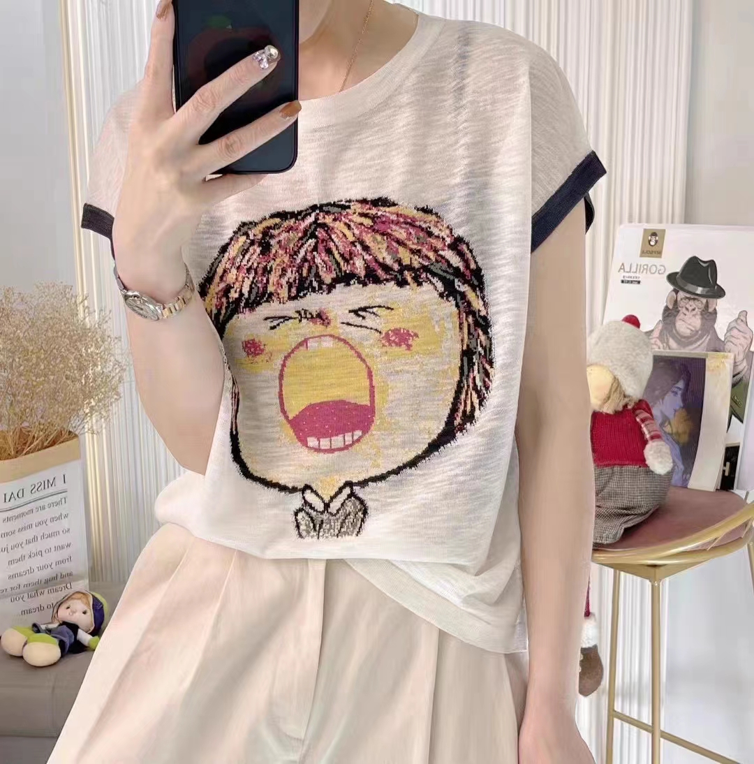 Short-sleeved knitted sweater women's 2023 summer new print funny doll fashion loose round neck casual top tide