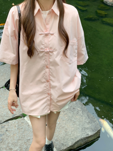 Real shot new Chinese style summer buckle short-sleeved shirt women  summer new casual chic shirt cardigan trend