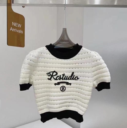  new retro sweet cool style high-grade black edge hollow letter puff sleeve knitted short-sleeved T-shirt high waist short section