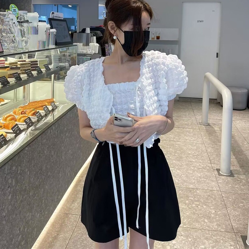 Korean Short Tie Puff Sleeve Shirt + Slim Slim Wrapped Chest Two-Piece Suit for Women