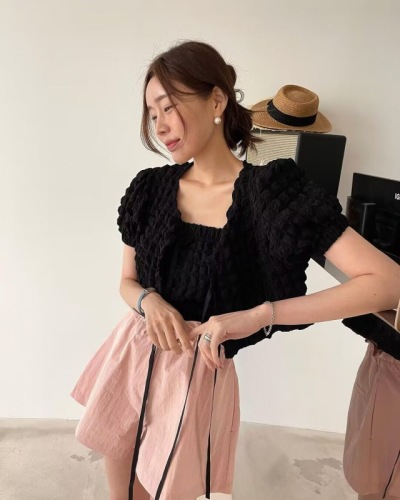 Korean Short Tie Puff Sleeve Shirt + Slim Slim Wrapped Chest Two-Piece Suit for Women